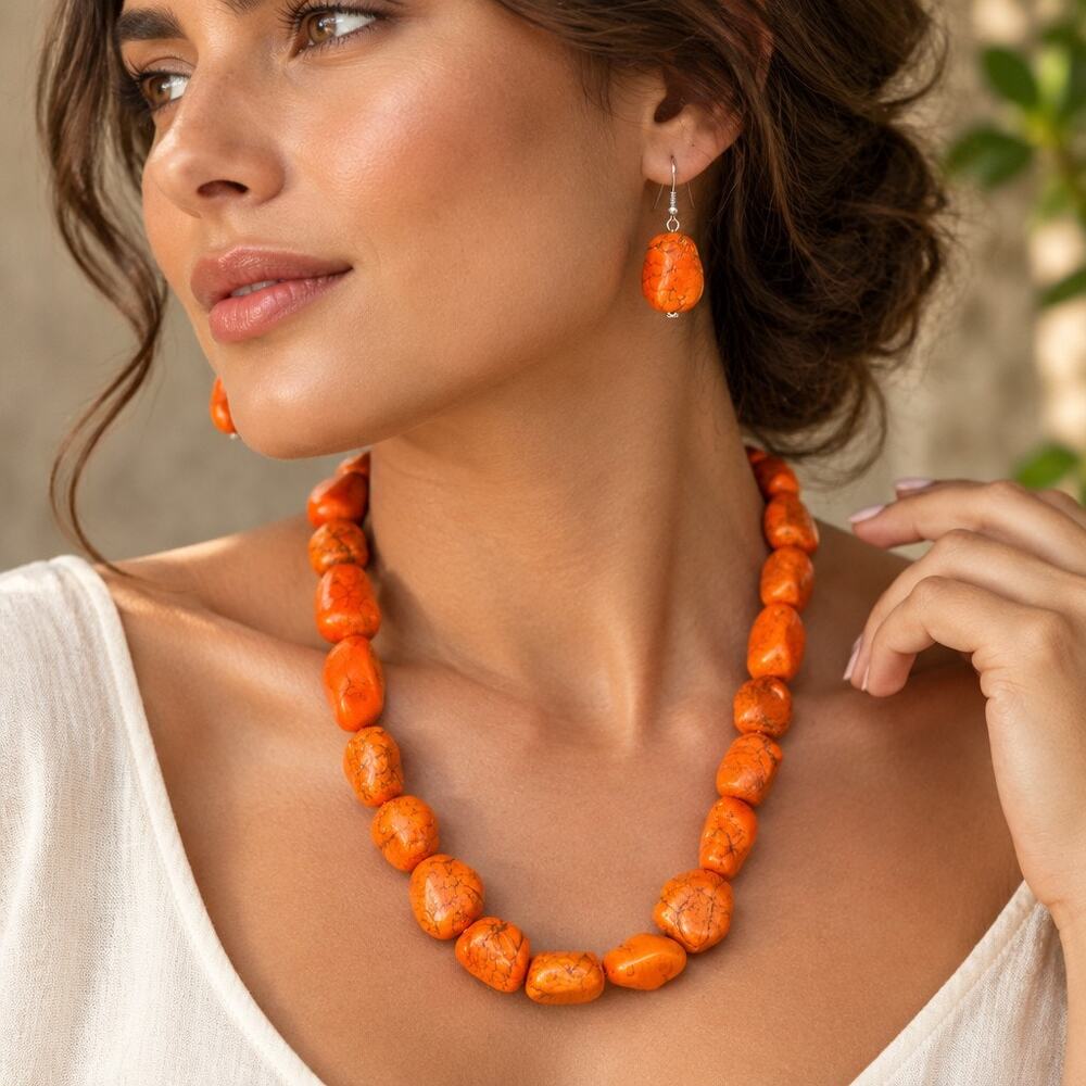 Vintage Orange Magnesite Nugget Necklace Earrings Set Boho Statement 20in